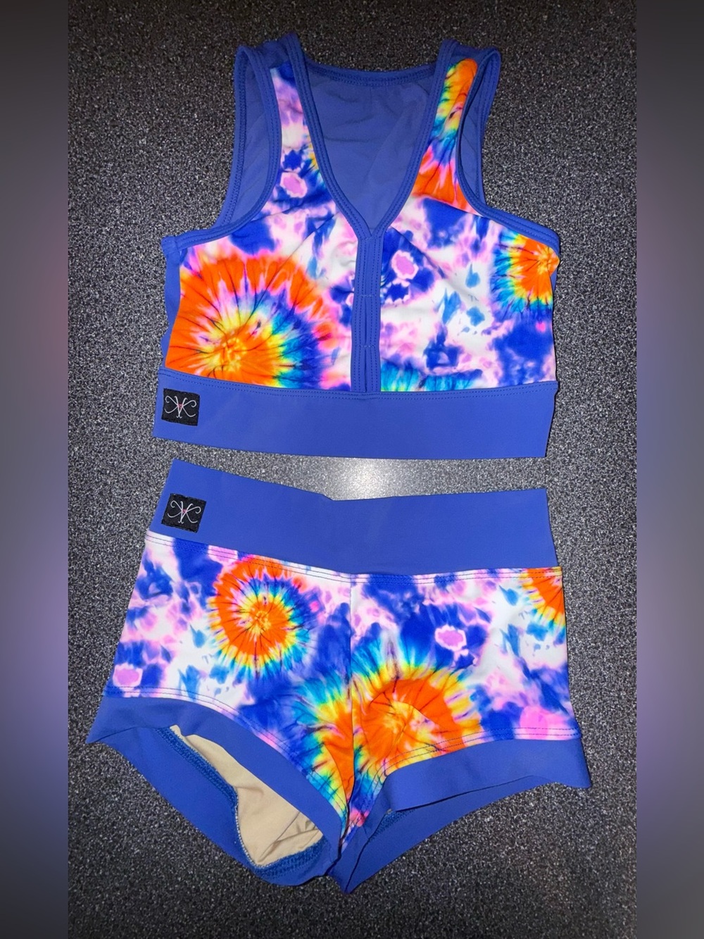 Kandi Kouture Dance Set Tie-Dye Blue Bra & Shorts Set Size Child XL (10/12)